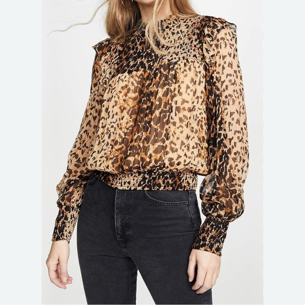 Free People Roma Smocked Animal Print Blouse | Leopard Combo / Brown | Size S